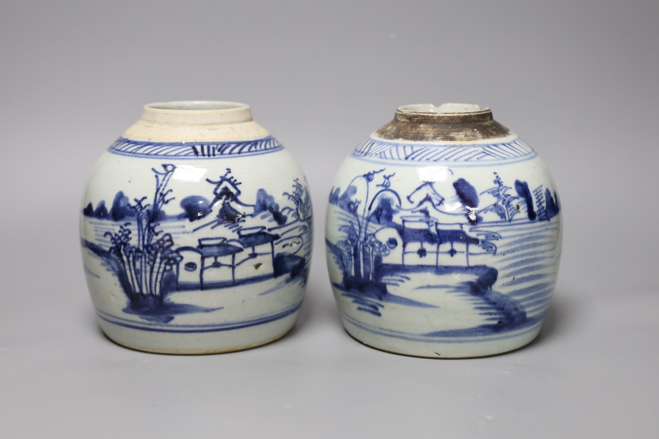 Two 18th century Chinese provincial blue and white jars, tallest 17 cms high